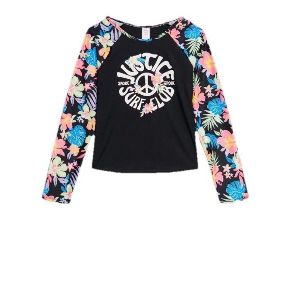 Justice Girls Rashguard LongSleeve Swim Top (Only) Tropical Size 16/18 Black NWT